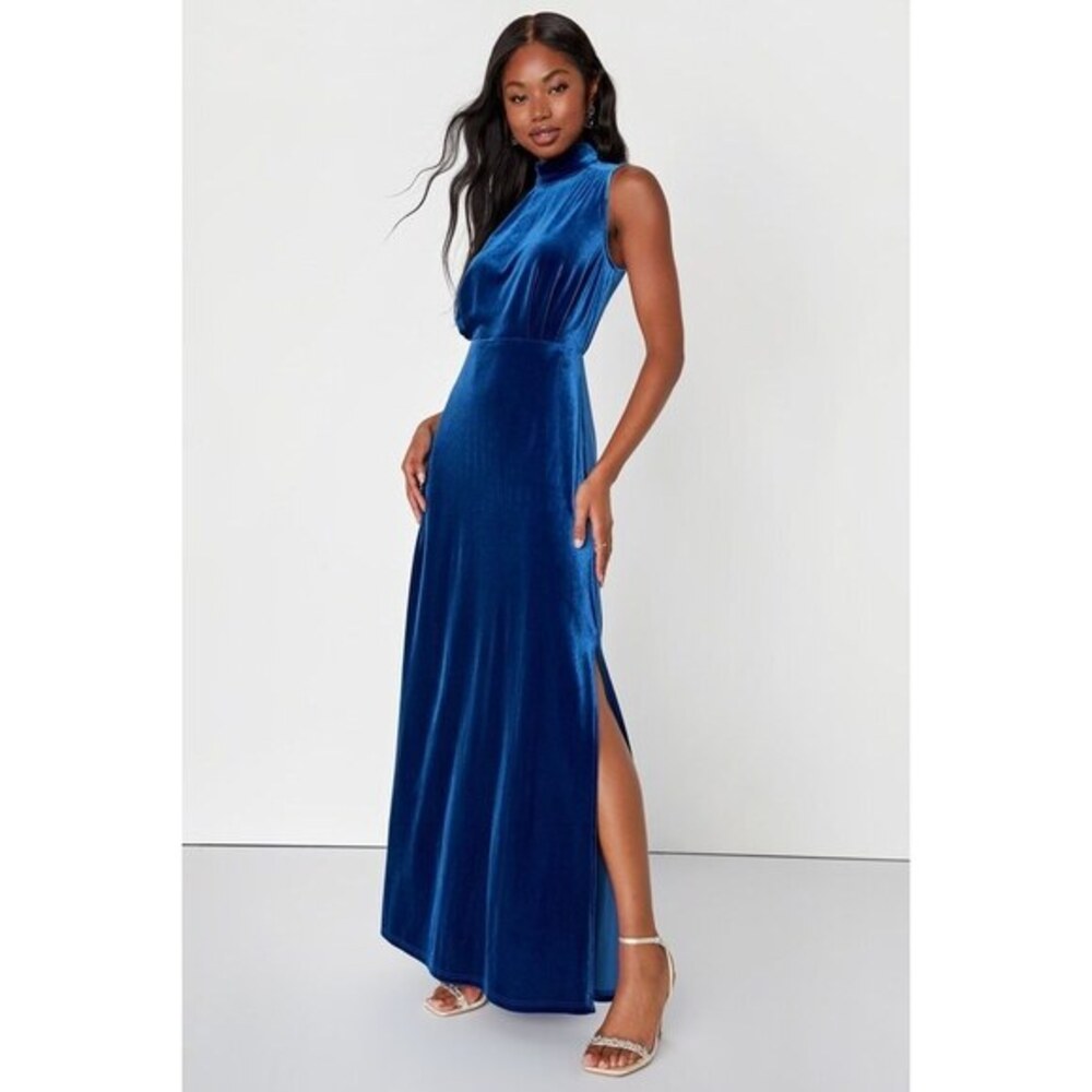 Lulus Classic Elegance Blue Velvet Sleeveless Mock Neck Maxi Dress - Size XS